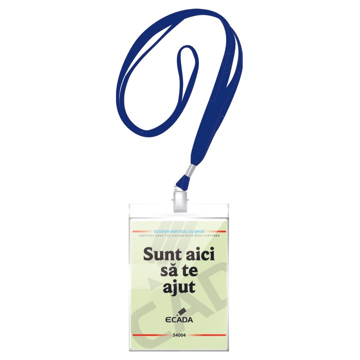 Ecuson vertical cu snur, Set 50 bucati cu clips metalic, snur textil albastru, 11.5x16.5 cm, pentru identificare profesionala la evenimente si birou. ECADA sku28