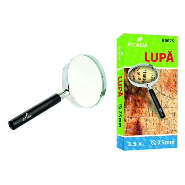 Lupa cu lentila 75 mm, marire 3.5X, rama metalica rezistenta, pentru observarea precisa a detaliilor fine, ideala pentru citit, hobby-uri si lucrari tehnice ECADA sku28