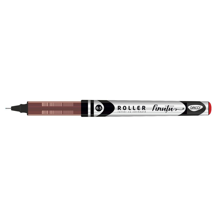 Pix roller Finutu’ cu varf 0.5 mm, cerneala rosie vibranta, corp ergonomic din plastic si clema metalica, ideal pentru scriere fina, evidentieri si notite creative DACO sku28