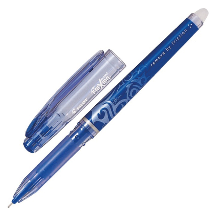 Pix roller Frixion cu radiera integrata, cerneala termosensibila, varf 0.5 mm, Albastru, pentru scriere fina, precisa si corectare instanta fara urme. PILOT sku28
