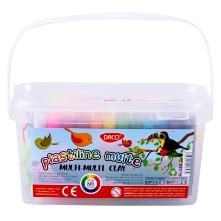 Plastilina moale si usor de modelat, 24 culori vibrante (18 clasice, 6 neon), 500 g, cu 17 accesorii de modelaj, non-toxica, ideala pentru dezvoltarea creativitatii copiilor DACO sku28