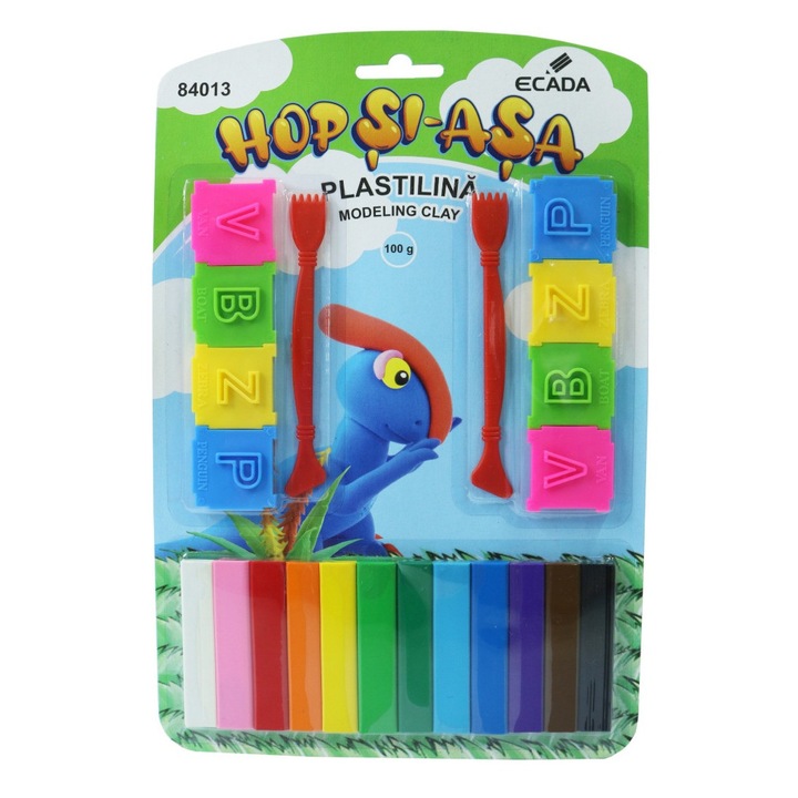 Plastilina pentru modelaj cu 12 culori variate si 10 forme din plastic, non-toxica si refolosibila, ideala pentru dezvoltarea creativitatii copiilor acasa si la gradinita ECADA sku28