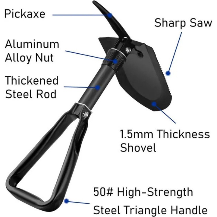 Nagy, 47 cm-es összecsukható lapát, multifunkcionális, tokkal, ergonomikus acél, 630g