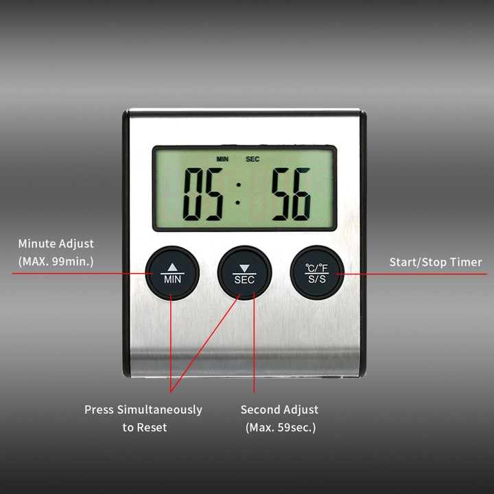 Termometru digital pentru gratar si bucatarie, alarma, timer, 0-250°C, alb, 72x65x18mm