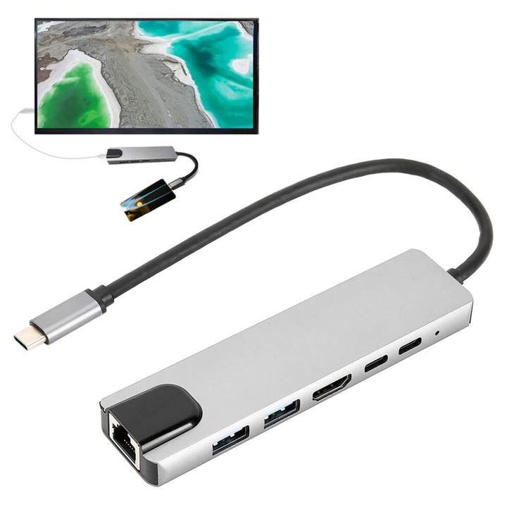 Többfunkciós Type-C Hub 6 az 1-ben, HDMI 4K, USB 2.0, RJ45, fekete