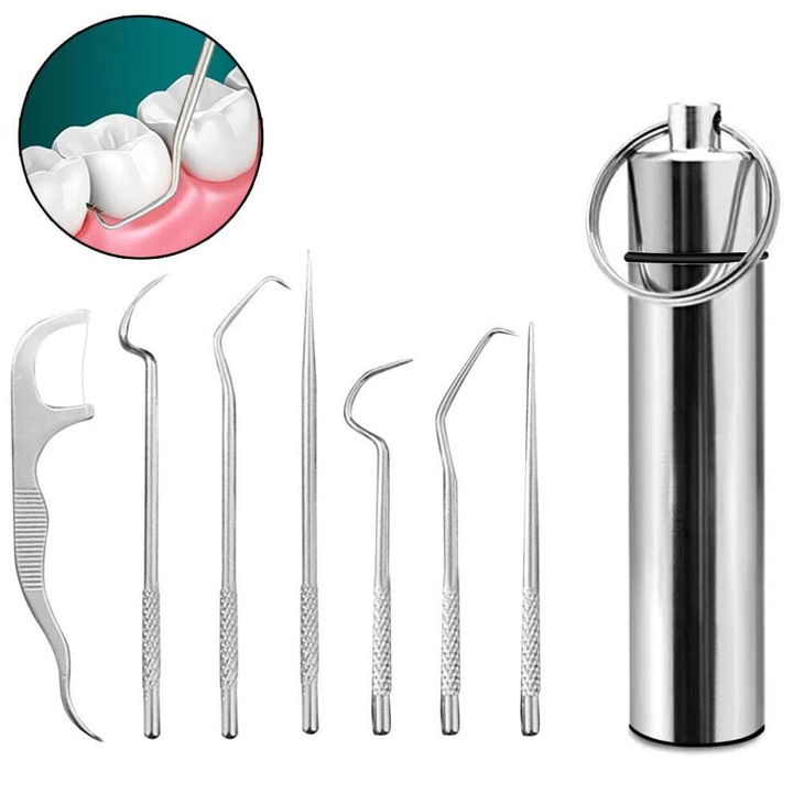 Set scobitori portabile titan, inox, argintiu alb, cu suport