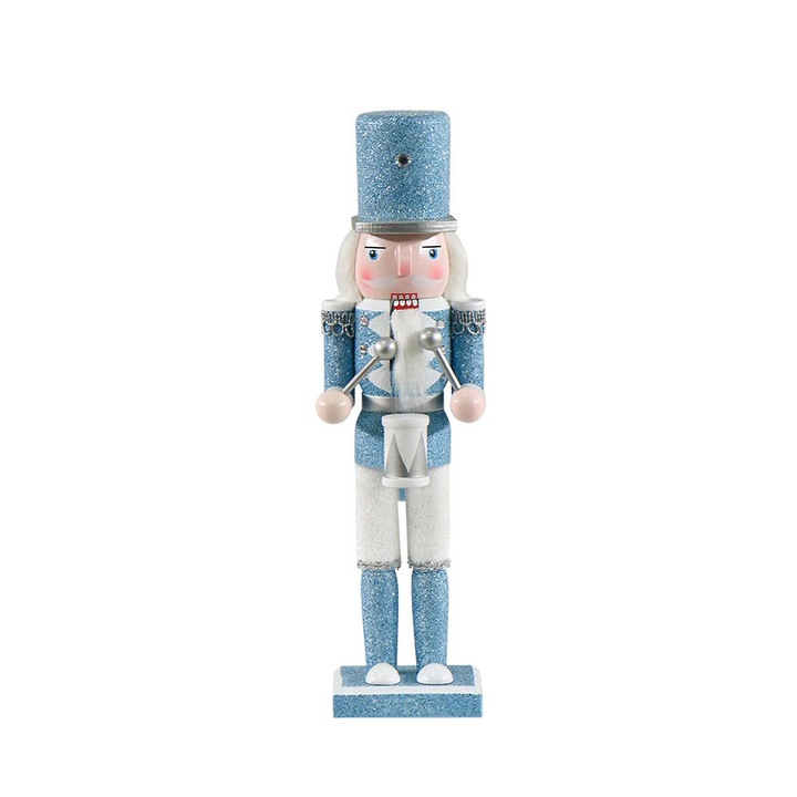 Karácsonyi figura, diótörő katona, fa, csillogó kék, 30x10x8cm