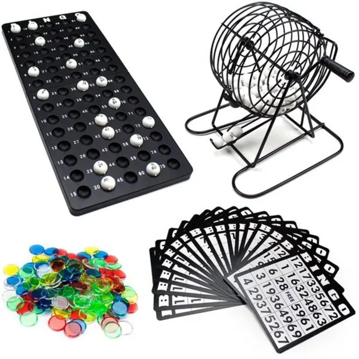 Bingo játék szett, 18 kártya, 75 golyó, 150 zseton, többszínű, 21x21x21cm