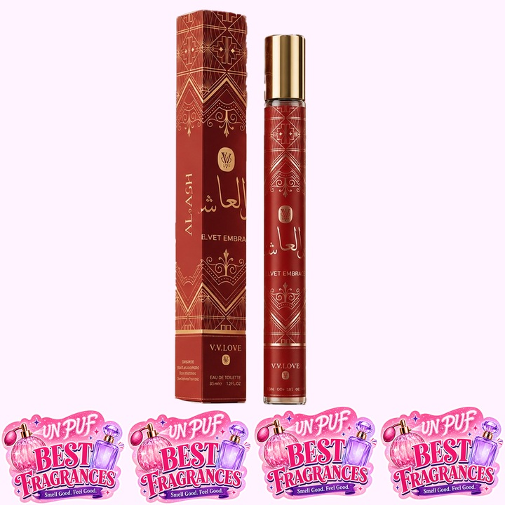 Parfum unisex V.V. Love Velvet Embrace, Apa de Parfum, 35 ml, aroma fructata orientala, mar, lici, trandafir, prune, iasomie, vanilie si paciuli, 4x Stickere