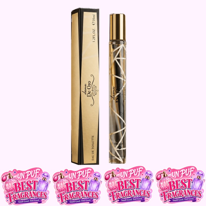 Parfum unisex De Oro, Apa de Parfum, 35 ml, aroma cald-condimentata, ambrata si lemnoasa, mandarina sangerie, grapefruit, menta, scortisoara, paciuli, pielarie si ambra, 4x Stickere