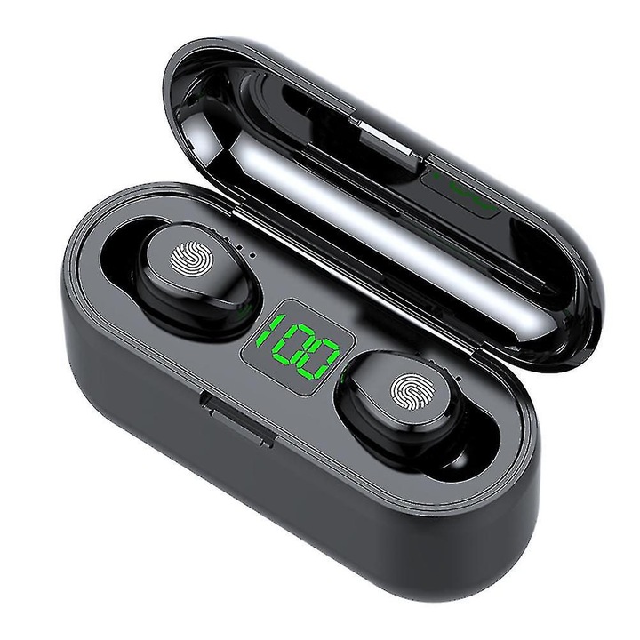 Vezeték nélküli fülhallgató, 2 az 1-ben, fekete, 3x1.5x1.3cm, 2000mAh töltőtokkal