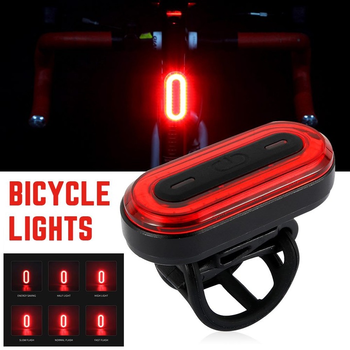 Lumina spate bicicletă LED USB reîncărcabilă 6 moduri roșu 6.3x2.7x2.8cm
