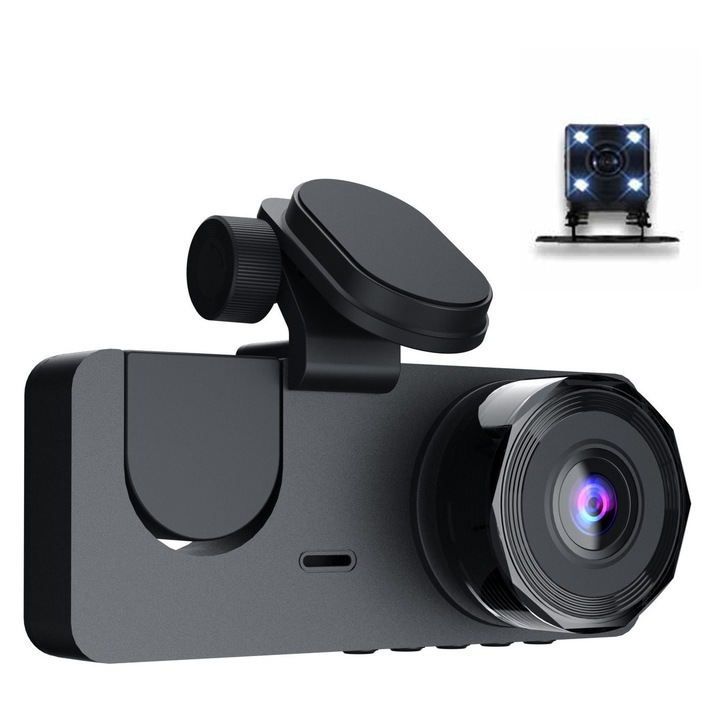 Autós kamera DVR 1080P, elöl-belül hátul, fekete, 7 hüvelyk