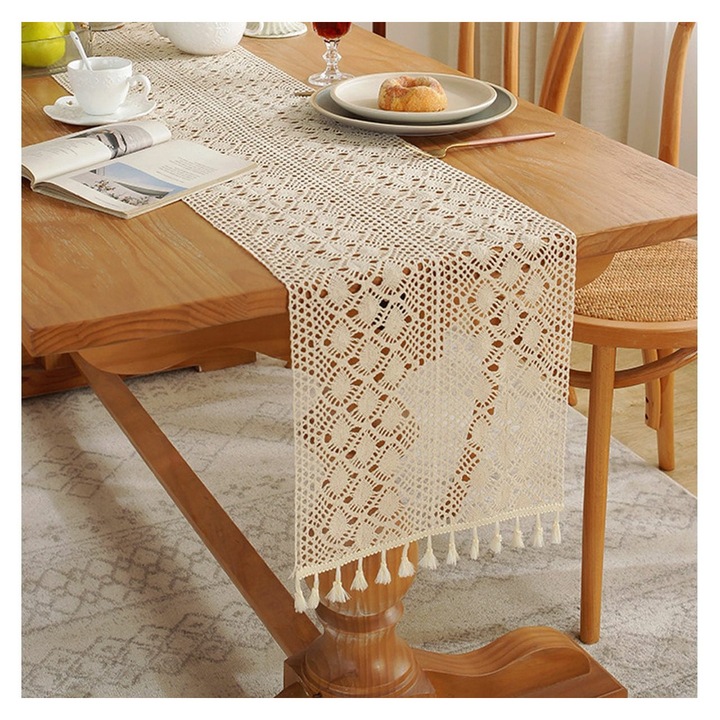 Kézzel horgolt pamut asztali futó rojtokkal, vintage boho stílus, bézs, 30 x 180 cm