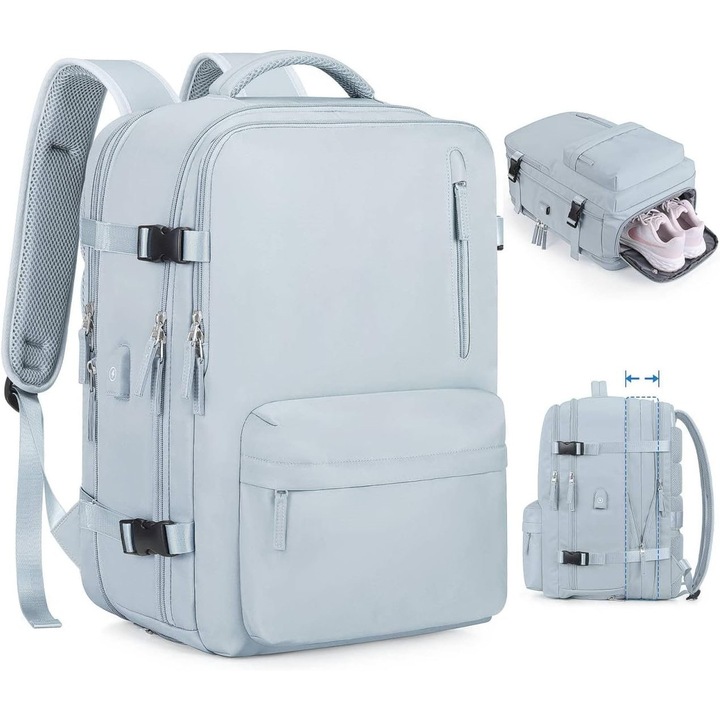 Utazó hátizsák 45L, bővíthető, 17 hüvelykes laptop rekesz, vízálló, fekete