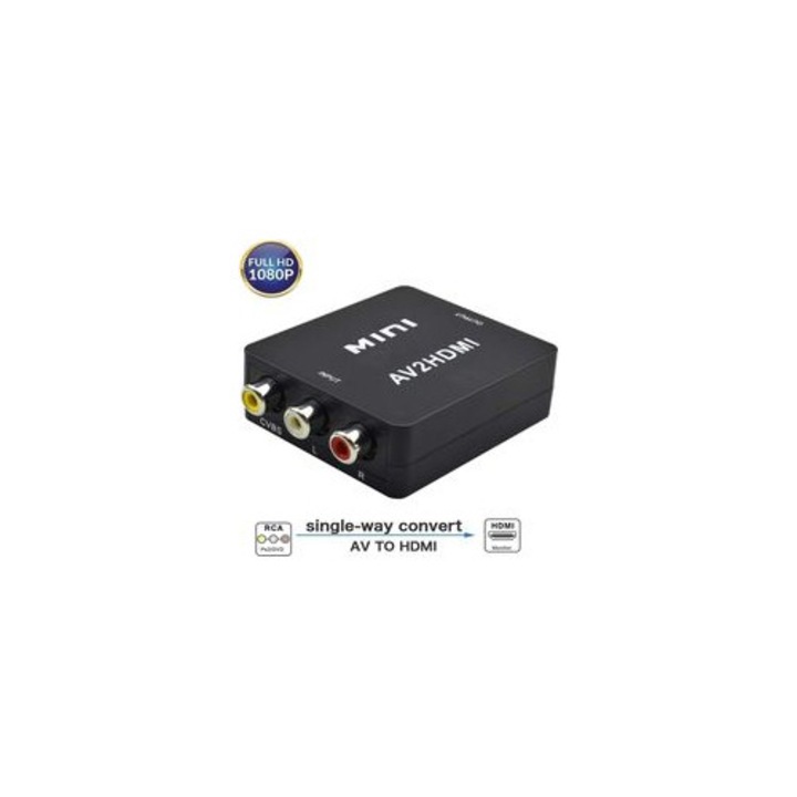 AV към HDMI конвертор, 1080p, черен, включен USB кабел