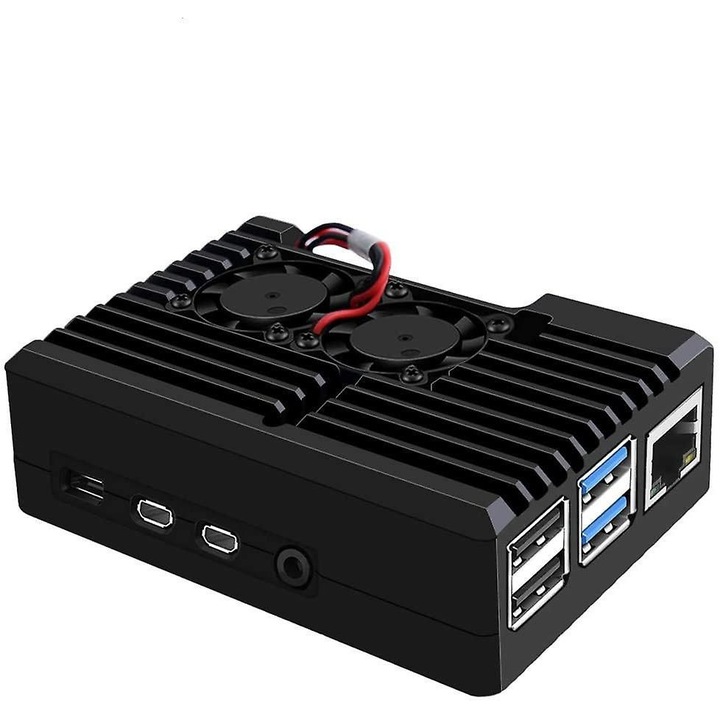 Alumínium ház dupla ventilátorral Raspberry Pi 4B-hez, hőelvezetés, akril ablak, fekete