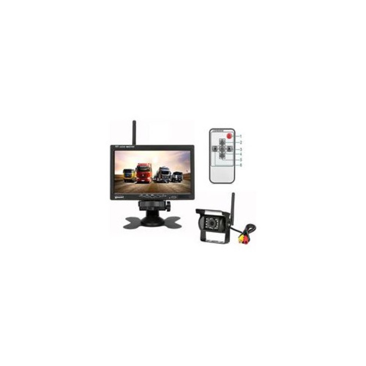 Vezeték nélküli tolatókamera készlet, 7 hüvelykes monitor, éjjellátó, fekete, 12V/24V