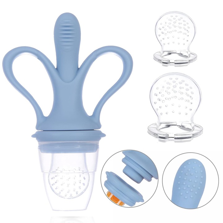 Jucarie dentitie silicon albastru, 3 capsule interschimbabile, 12x5cm