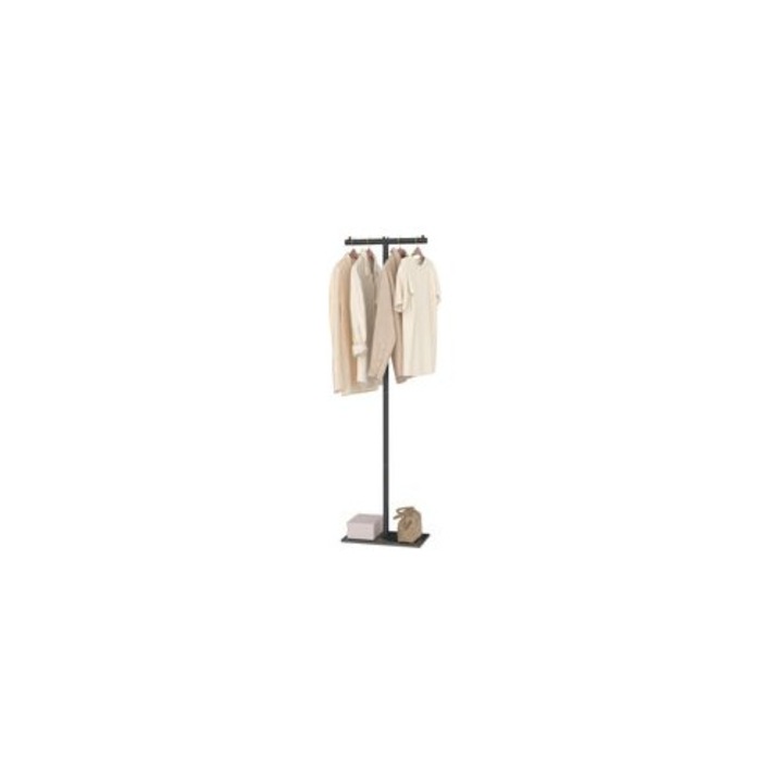 Fém ruhaállvány, T-alakú design, kőtalp, fekete, 175cm