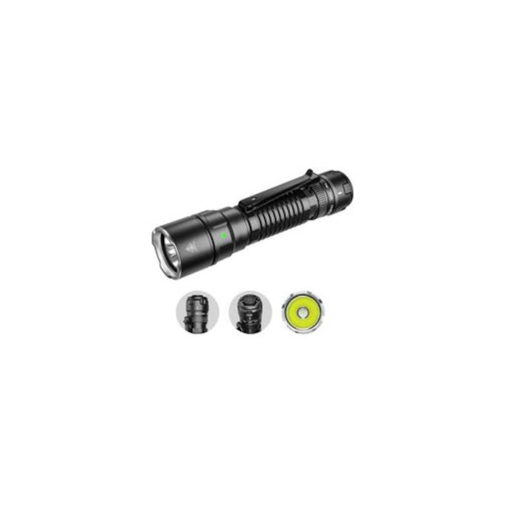 LED újratölthető taktikai lámpa, 1300 lumen, 479m, USB-C, vízálló, alumínium, fekete