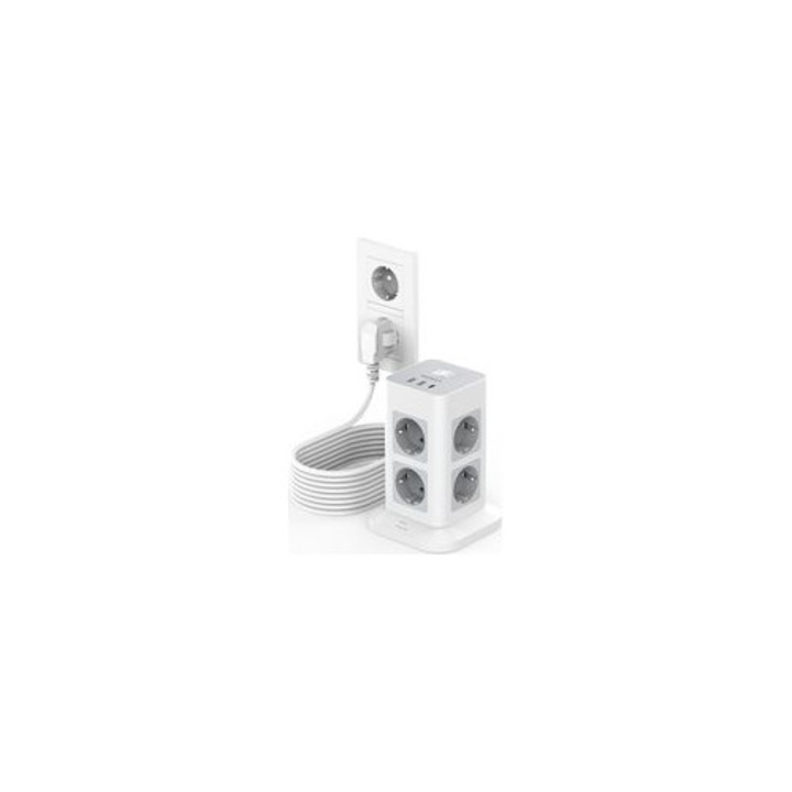 Hosszabbító 11 az 1-ben, 8 aljzat, 3 USB, túlfeszültség-védelem, szürke, 16.1x11.4x11.4cm, 10m kábel