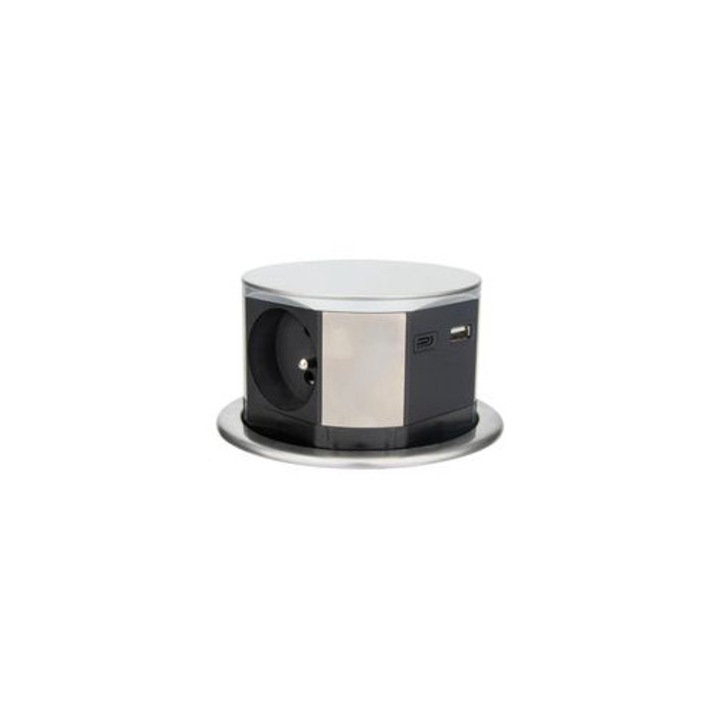 Beépíthető hosszabbító, 3 aljzat 16A, 2 USB port, alumínium, 10.3x11.5cm