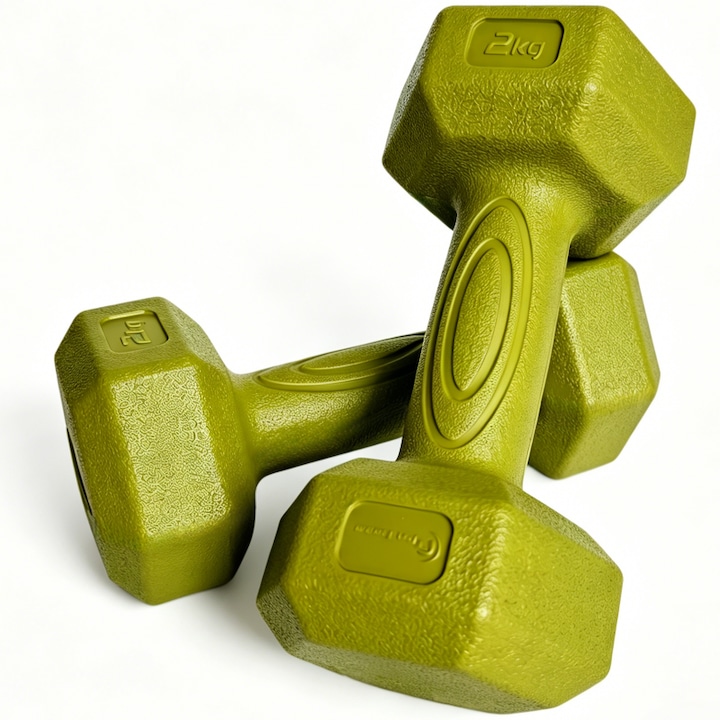 Комплект хексагонални дъмбели FitTronic DH2x2, 2 x 2 кг, фитнес, аеробика, пилатес, удобен захват, цвят вернил