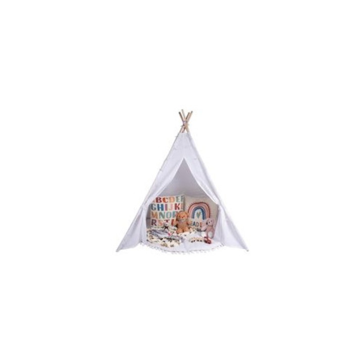 Детска палатка за игра, 135x130x130см, полиестер, кремаво бял, комплект с килимче и звездни светлини