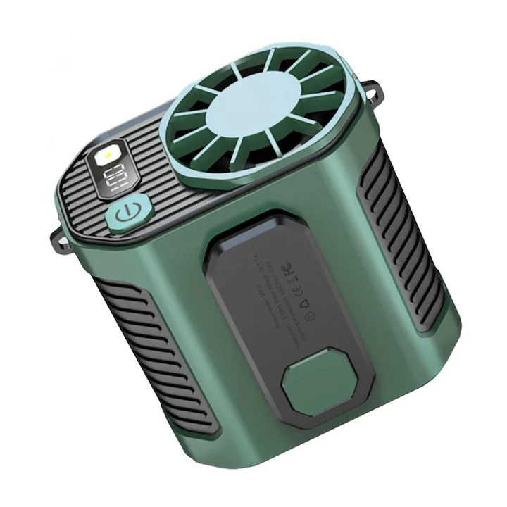Hordozható ventilátor derékcsipesszel, zsinórral és USB kábellel, 100 szélsebesség beállítás, 5000 mAh akkumulátor (zöld)