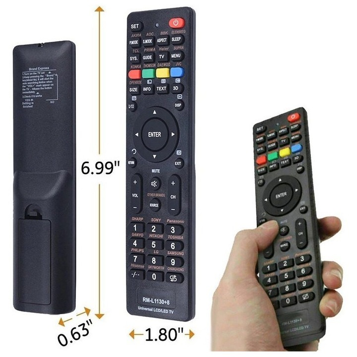 Univerzális TV LCD LED távirányító RM-L1130+8, több márkával kompatibilis, fekete