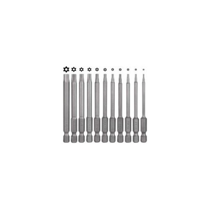 Комплект 11 бита Torx, 75мм, стомана S2, магнитни, шестостенни, многоцветни