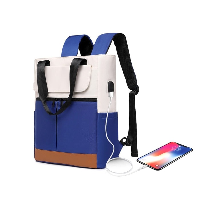 2 az 1-ben laptop hátizsák, kék, 29x18x43cm, USB port, nagy kapacitás