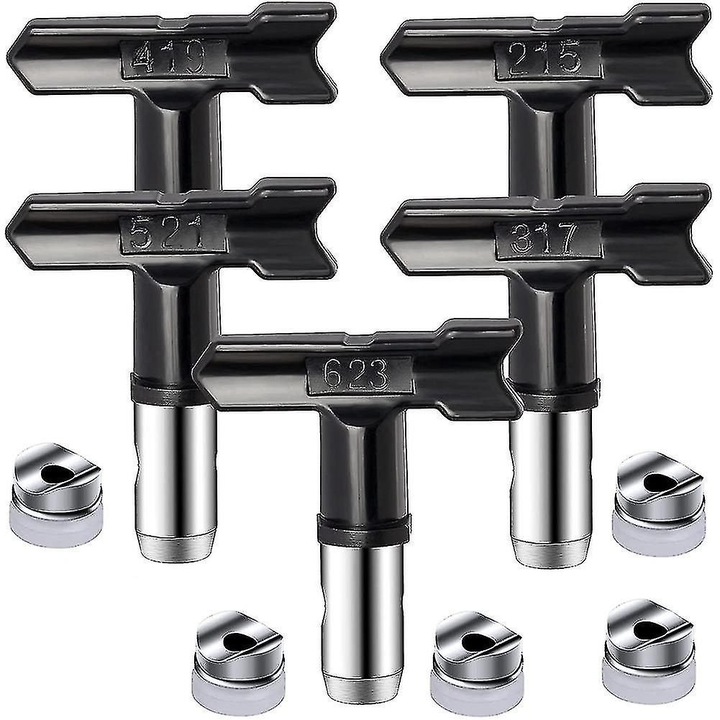 Set 5 duze reversibile pentru pulverizator vopsea airless, metal-negru-argintiu, diverse dimensiuni