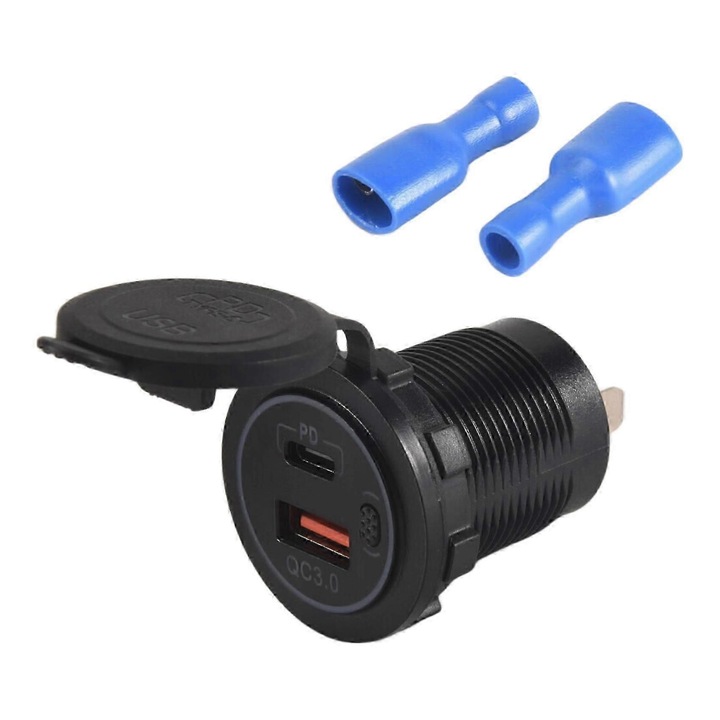 USB PD 3.0 és QC 3.0 autós töltő, 48W, fekete, feszültség kijelzővel, 12V-24V