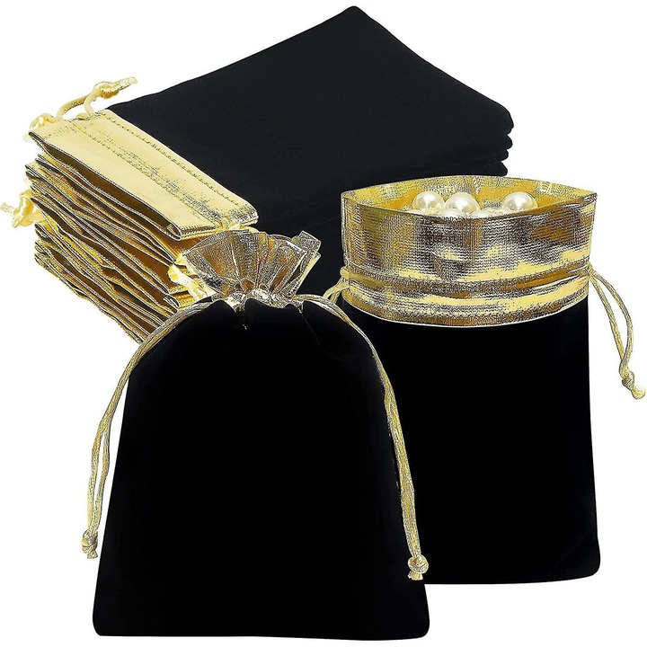 Set 10 pungi catifea negre auriu 5x7cm cu snur pentru cadouri