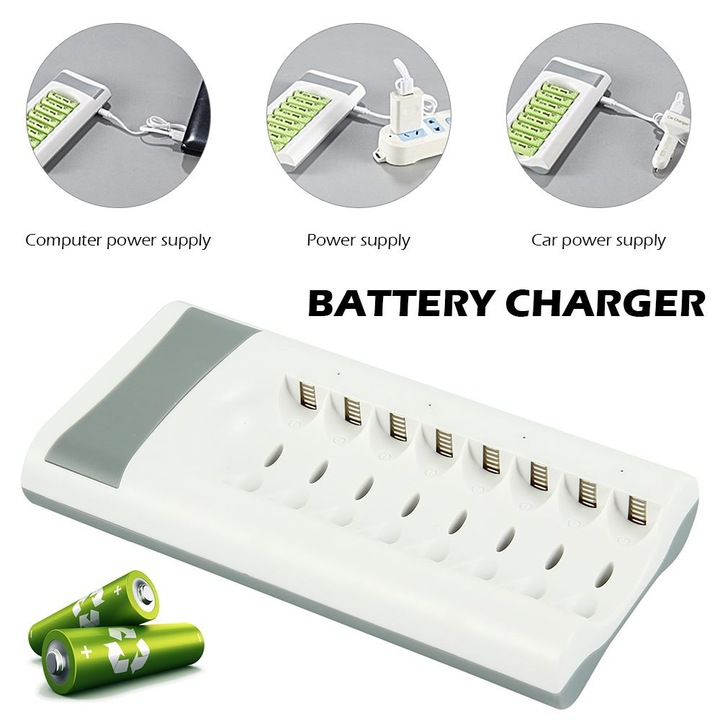 Incarcator baterii AA AAA Ni-MH Ni-CD, 8 sloturi, USB, verde, 18x10x5cm