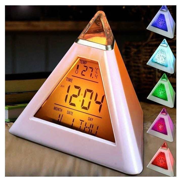 LED piramis digitális óra hőmérővel, többszínű, 7 szín, 10x10x10cm