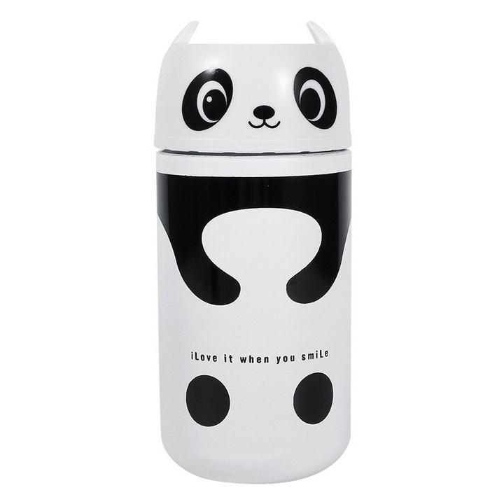 Rozsdamentes acél termosz, panda mintás, strapabíró, 1L, zöld
