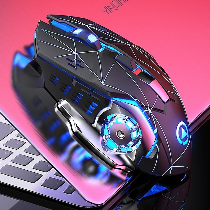Vezeték nélküli gamer egér, 6 programozható gomb, RGB, 800x1200x1600 DPI, kék, újratölthető