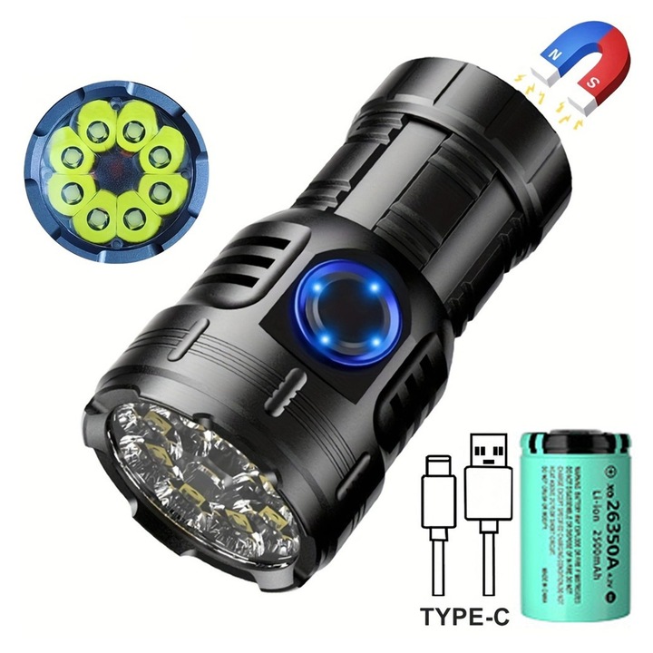 Mini LED lámpa, 8XPG, 3050 lumen, alumínium, 8cm, USB töltés