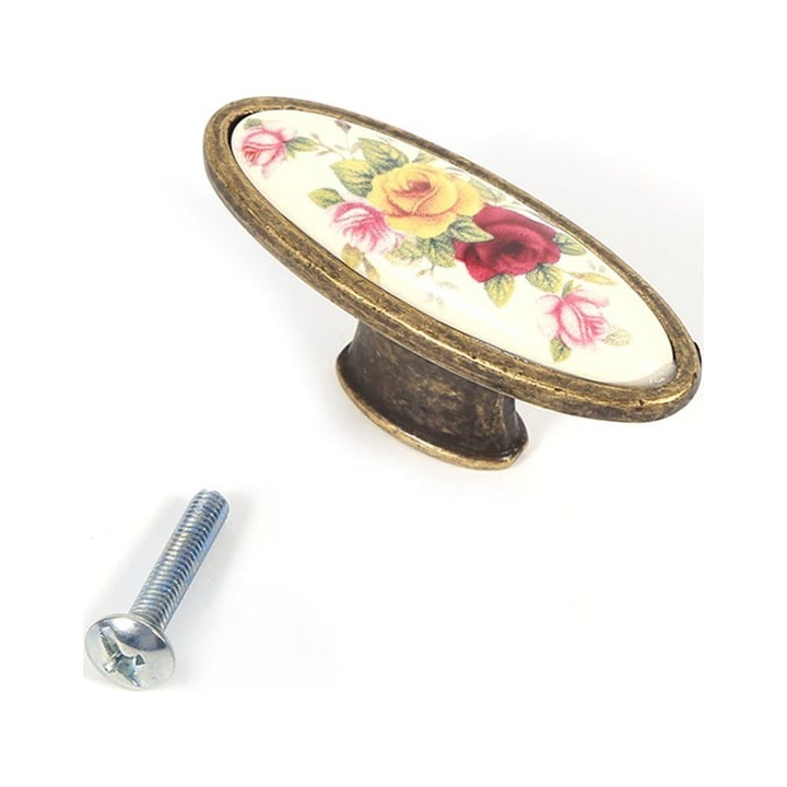 Vintage bronz kerámia ajtófogantyú, vidéki virágmintás, 14.8x4.5cm, 12.8cm rögzítés