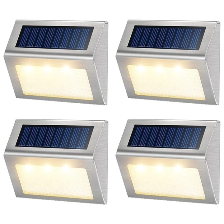 Комплект от 4 соларни лампи за ограда, 3 LED, топло бяло, 10x8x2см, водоустойчиви