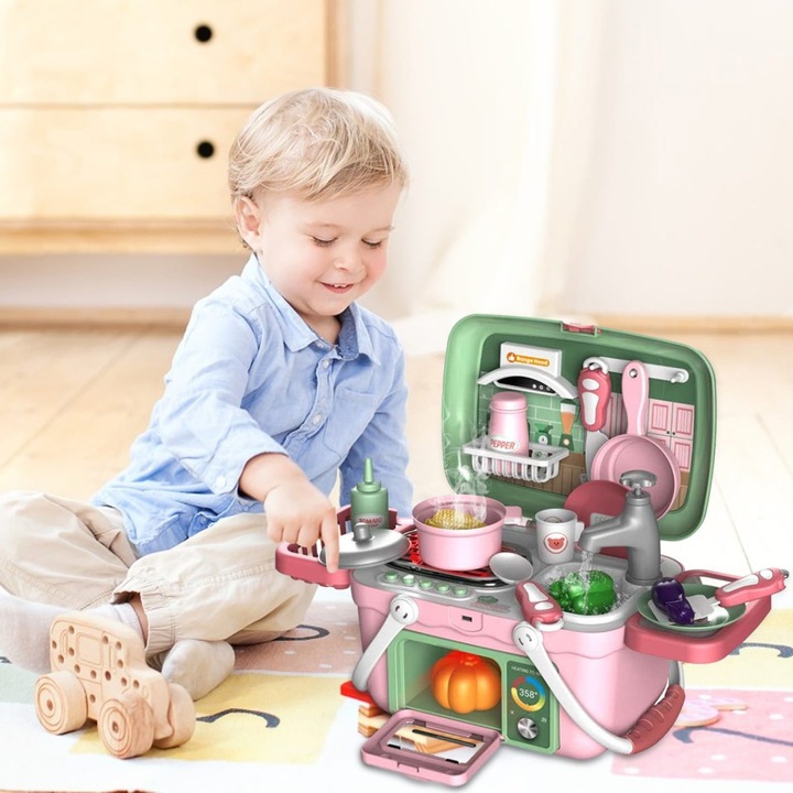 Set bucatarie copii mini cu 30 accesorii, albastru inchis, 23.7x18.5x29.5cm