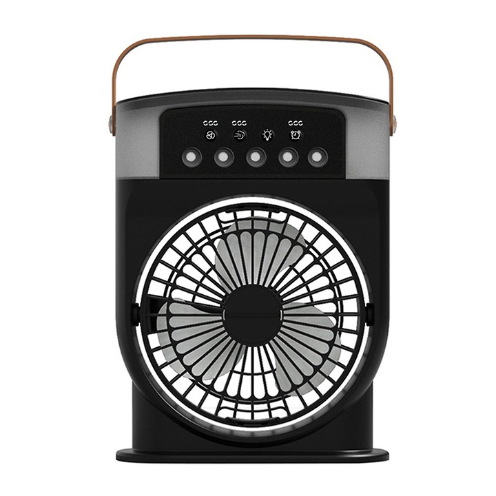 Többfunkciós párásító ventilátor, fekete, 600ML, 3 sebesség, 7 fényszín, 1.2m USB kábel