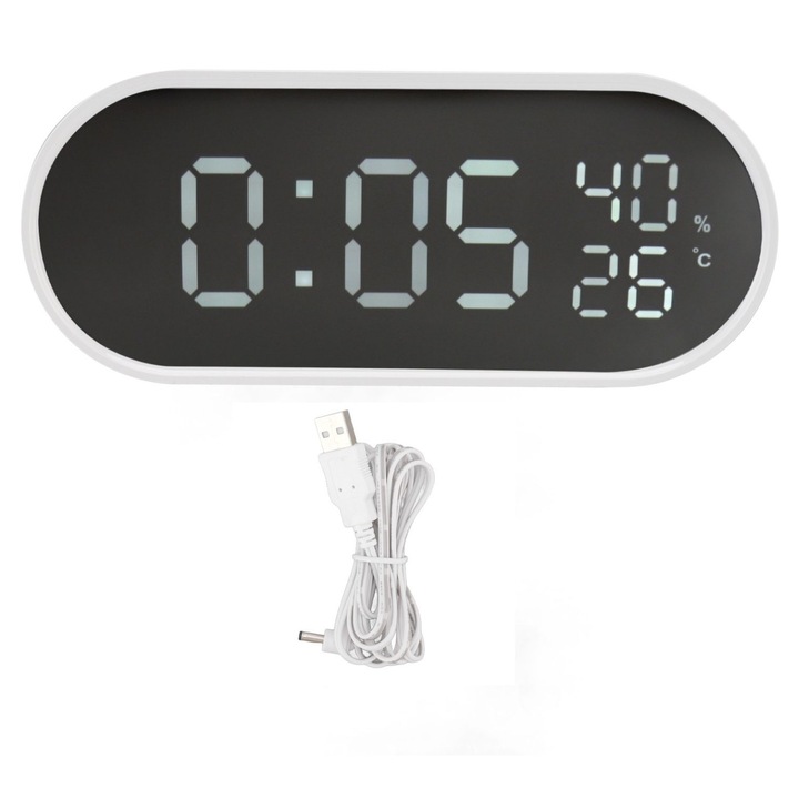 LED tükör ébresztőóra, dupla riasztás, hőmérséklet, páratartalom, fekete, 15x7x4cm