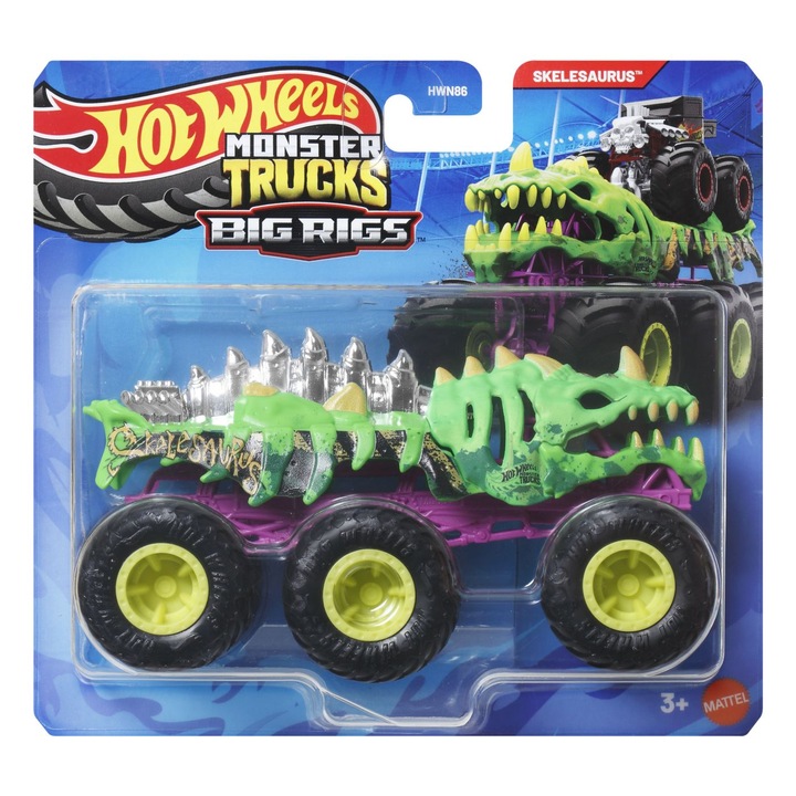 Masinuta Toy Cars, Mattel, Hot Wheels Monster Truck Big Rigs, 6 roti, SKELESAURUS, scara 1:64