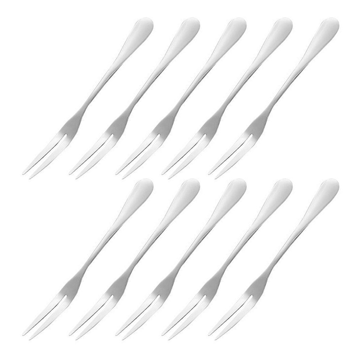 10 db kis rozsdamentes acél villa készlet, 2 fogú, ezüst, 10 cm