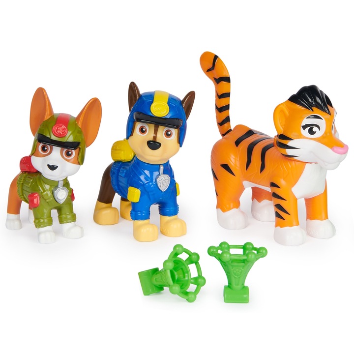 Комплект фигурки Paw Patrol Spin Master Jungle Pups VV41971YW1365M, Чейс, Тракер и тигър, 2 снаряда тип мрежа, многоцветен