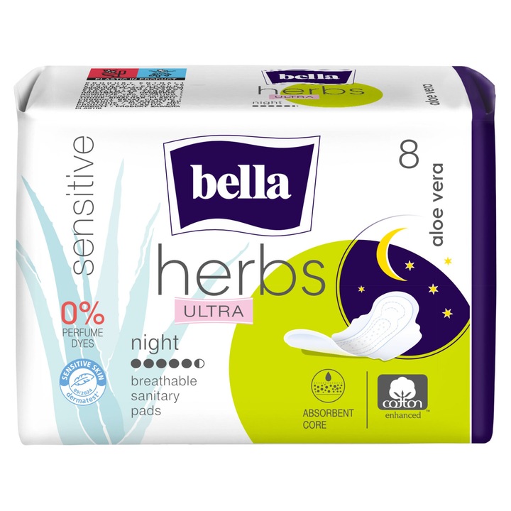 Bella herbs ultra night sensitive дамски превръзки с алое вера 8 бр